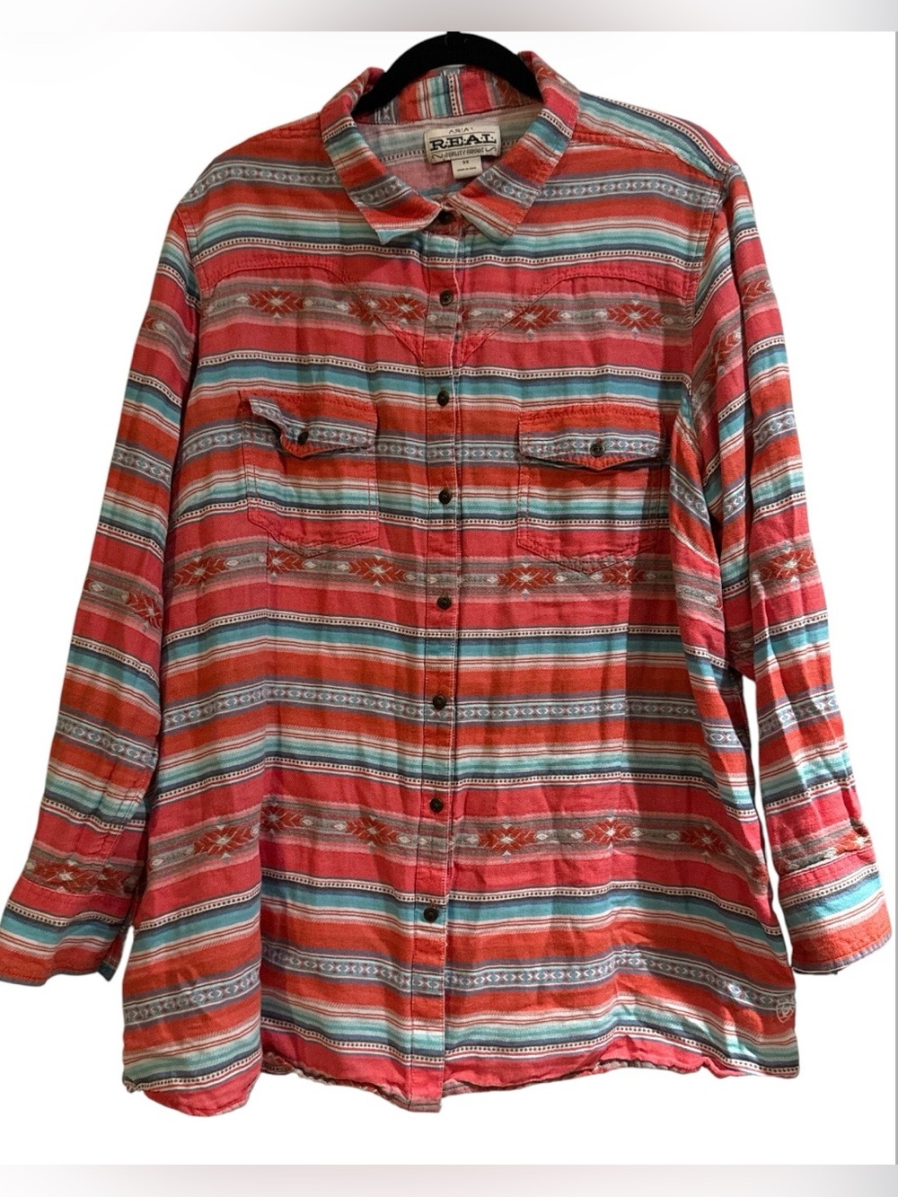 Ariat Womens 3X Blue Orange Button Up Serape Jacquard Western REAL Brave Shirt